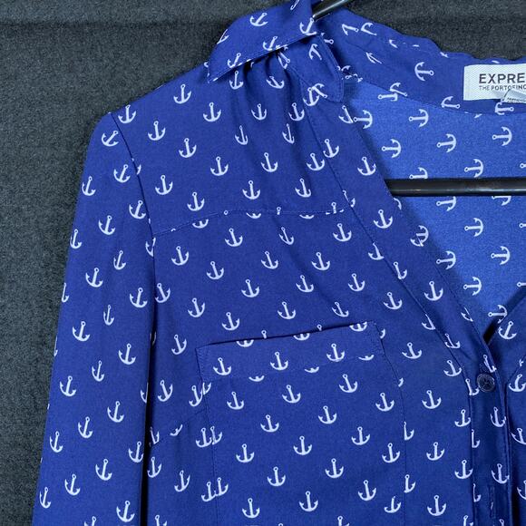 Express Womens Shirt Blue White Anchor Portofino Long Sleeve Button Down XS - Picture 4 of 14